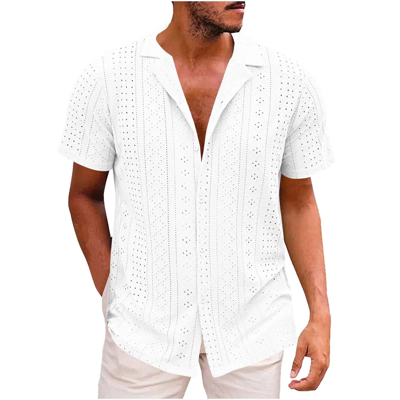 Breathable lightweight lapel men's casual shirt in cardigan style, regular fit, polyester fibre fabric, available in multiple colours