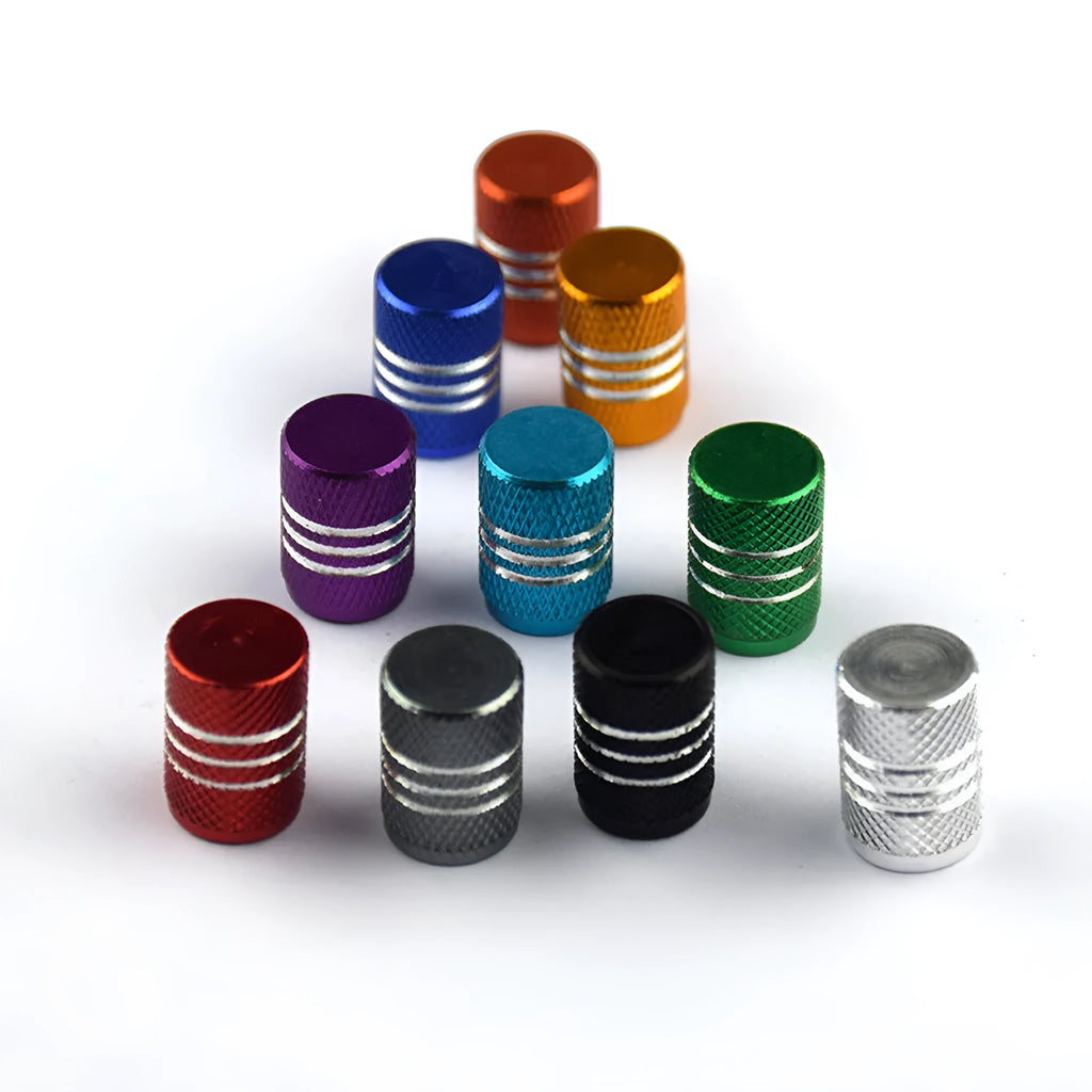 Stainless steel car tyre valve caps in ten colours including black, blue, gold and red