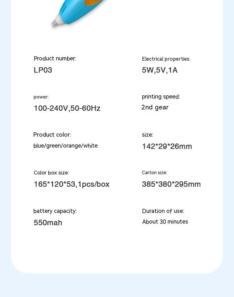 Wireless 3D printing pen for children, plastic body, 142x29x26mm, in blue on white background