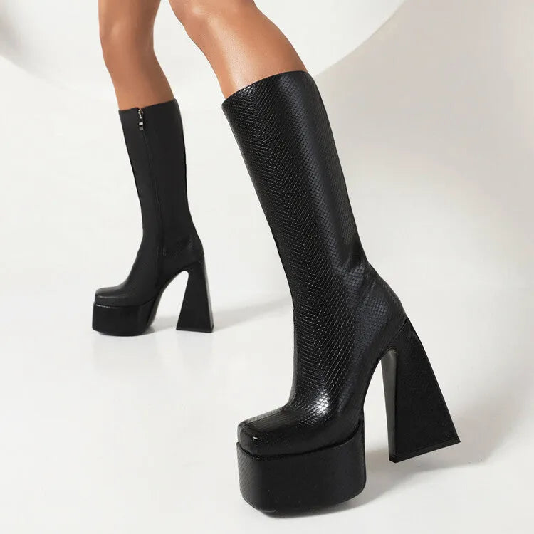 Women's black high boot with a casual style and PU upper, shown from the side.