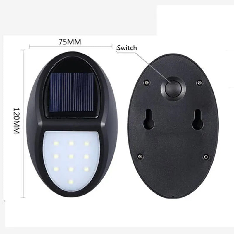 Black solar-powered LED wall light with automatic light sensor for outdoor use