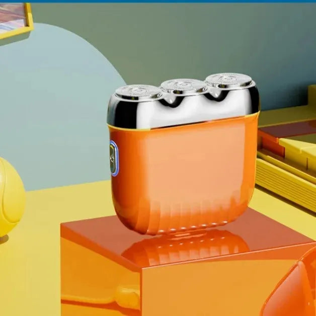 Mini three-head magnetic electric shaver showing floating cutter design and colour options