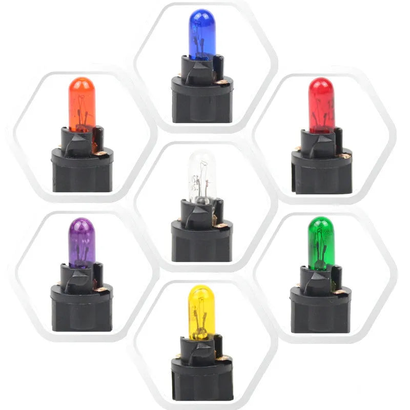 T5 12V 1.2W automotive wedge base bulb in amber, blue, green, purple, red, and yellow colours.