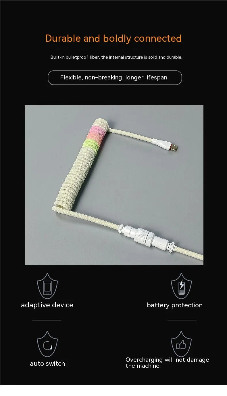 Coiled mechanical keyboard data cable, 150cm USB flexible wire with spiral stretch and metal interface housing, colour options