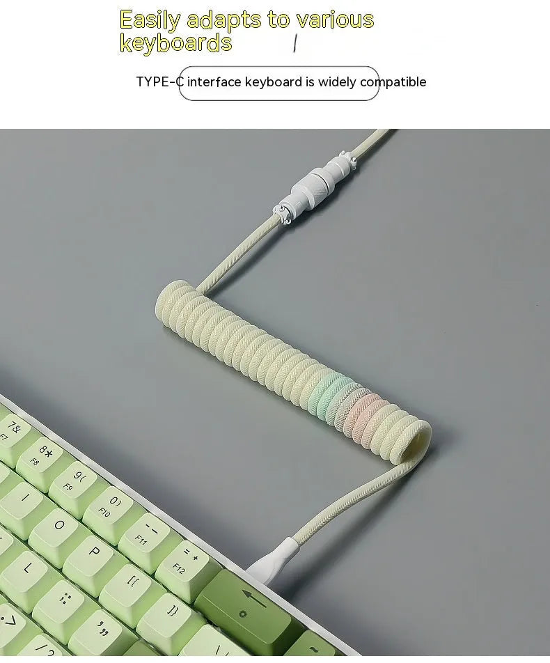 Coiled mechanical keyboard data cable, 150cm USB flexible wire with spiral stretch and metal interface housing, colour options