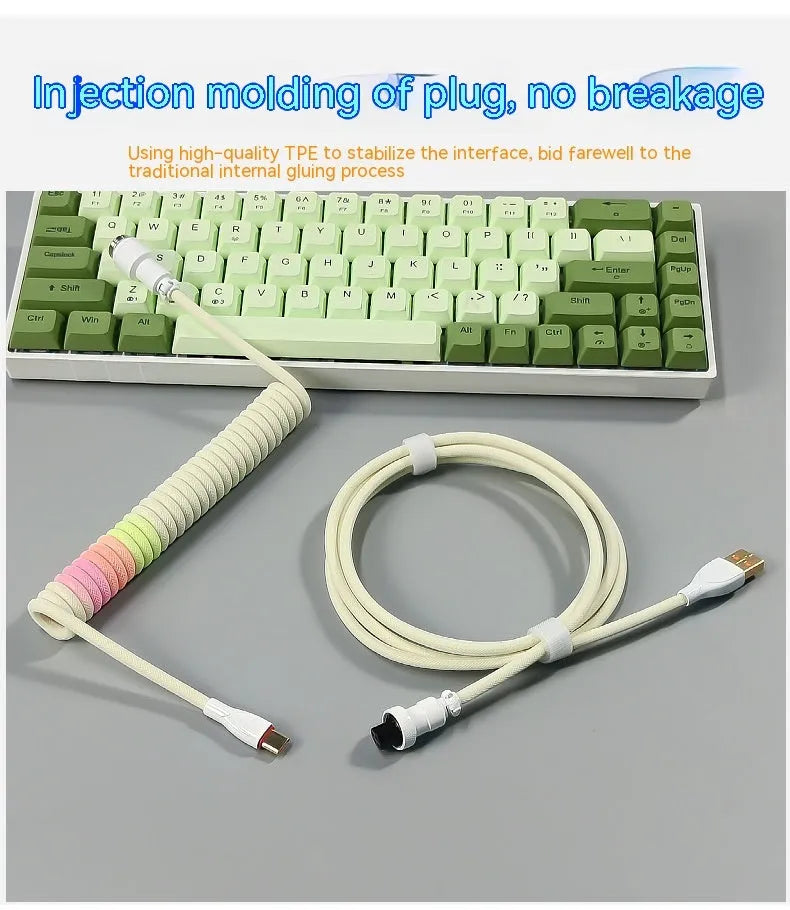 Coiled mechanical keyboard data cable, 150cm USB flexible wire with spiral stretch and metal interface housing, colour options