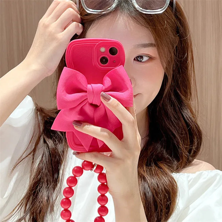 Rose Red silicone bow beads chain phone case for Samsung TPU back cover