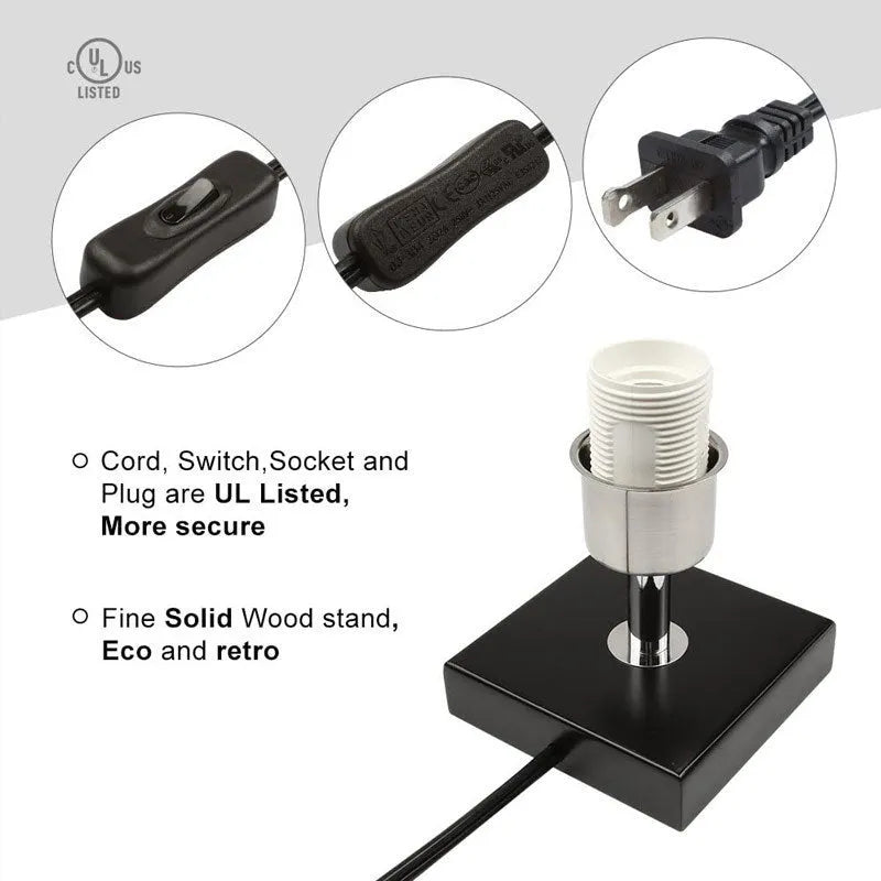 Modern simple square cloth covered table lamp 110V with E26 socket and off-white fabric shade on a desk