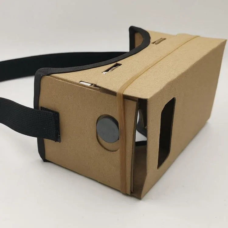 Pink and white cardboard VR glasses with adjustable rubber head strap and 3D lenses for smartphones.