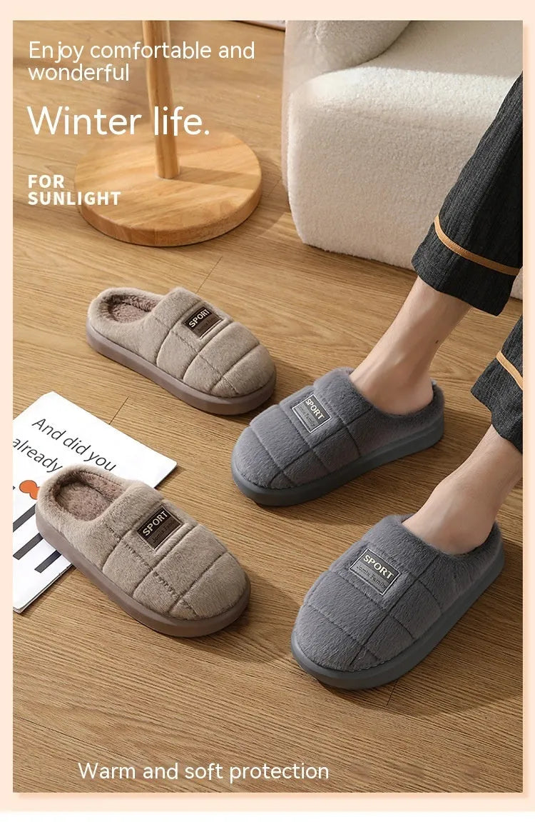 Men's grey and brown plaid rabbit hair slippers with thick lining and a textured EVA sole.