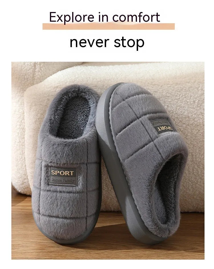 Men's plaid rabbit hair slippers with thick EVA sole and wool lining in brown colour.