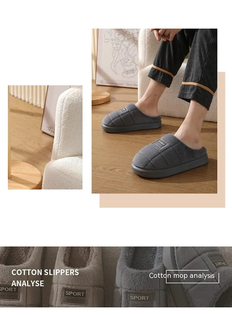Men's grey and brown plaid pattern cotton slippers with rabbit hair trim and a thick EVA sole.