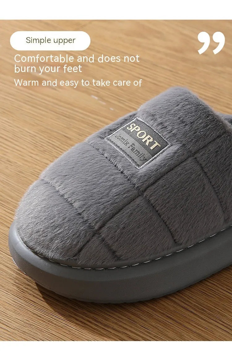 Men's plaid rabbit hair slippers with thick wool lining and a flat EVA sole.