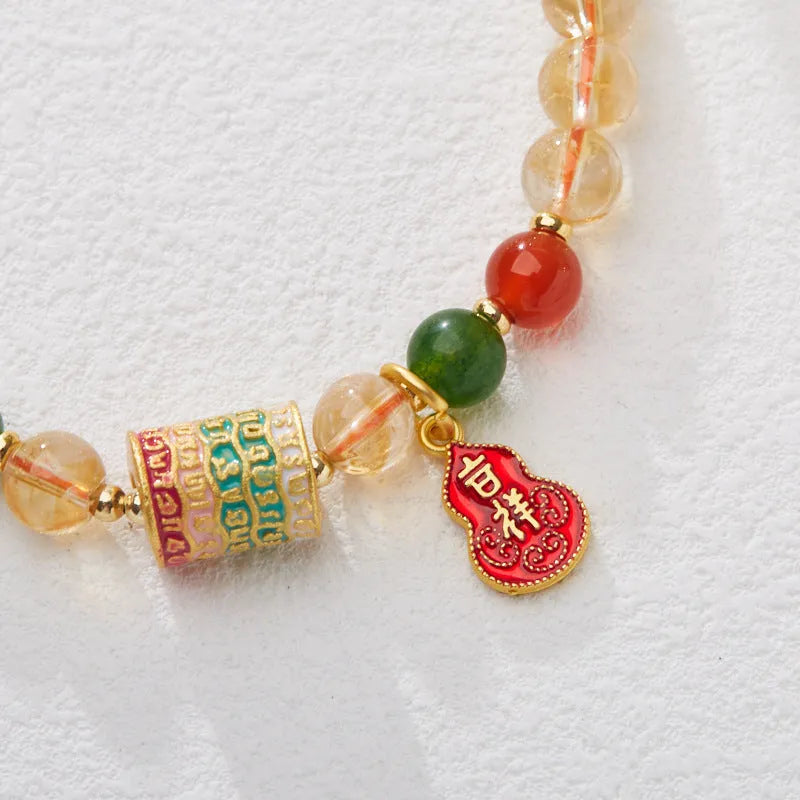 Hand-woven citrine crystal bracelet with five-sutra geometric design and 6mm beads
