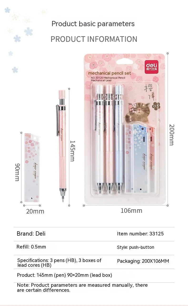 Sakura law cartoon style automatic pencil set with three coloured pencils and boxes of 0.5mm HB refills.