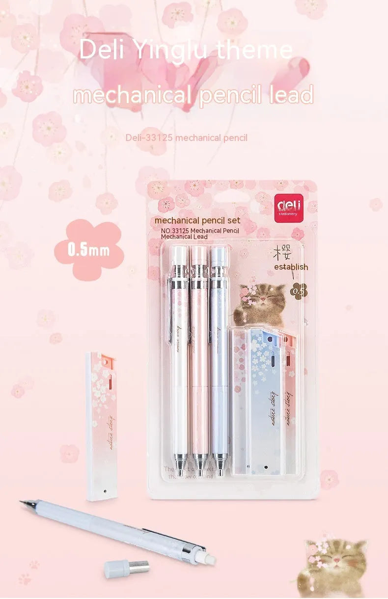 Sakura law cartoon style automatic pencil set with three coloured pencils and boxes of 0.5mm HB refills.