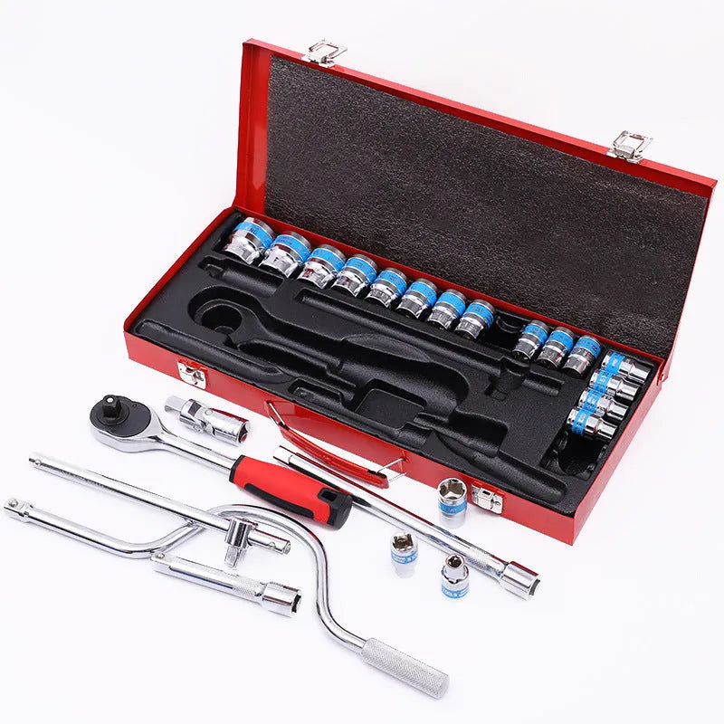 24-piece curved bow car repair wrench combination set with chrome vanadium steel sockets in storage case