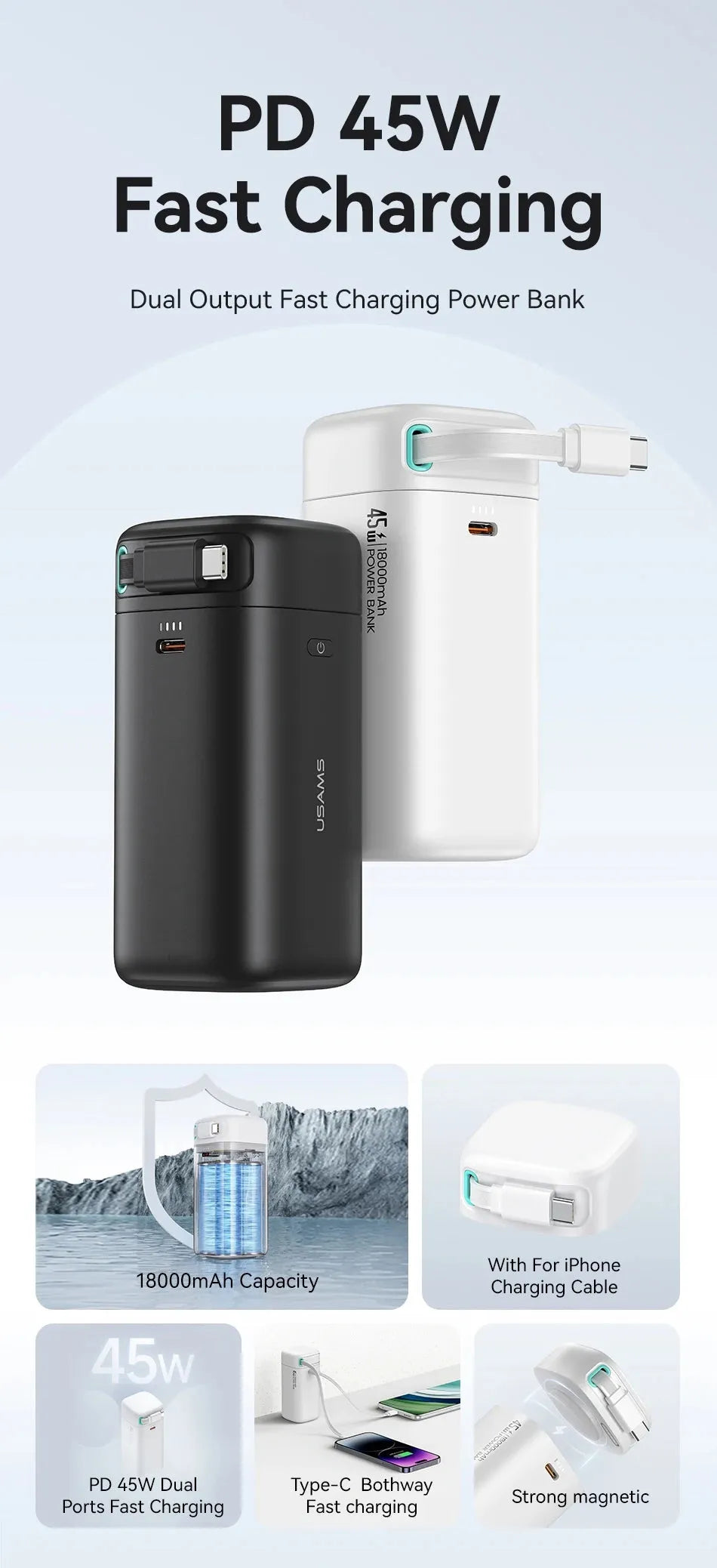 PD45w fast charging power bank 18000mAh with magnetisation nanowire in Lightning Black