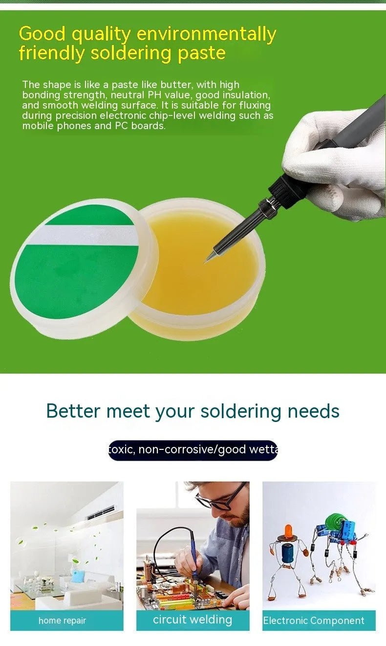 Container of rosin soldering flux paste for use with an electric soldering iron.