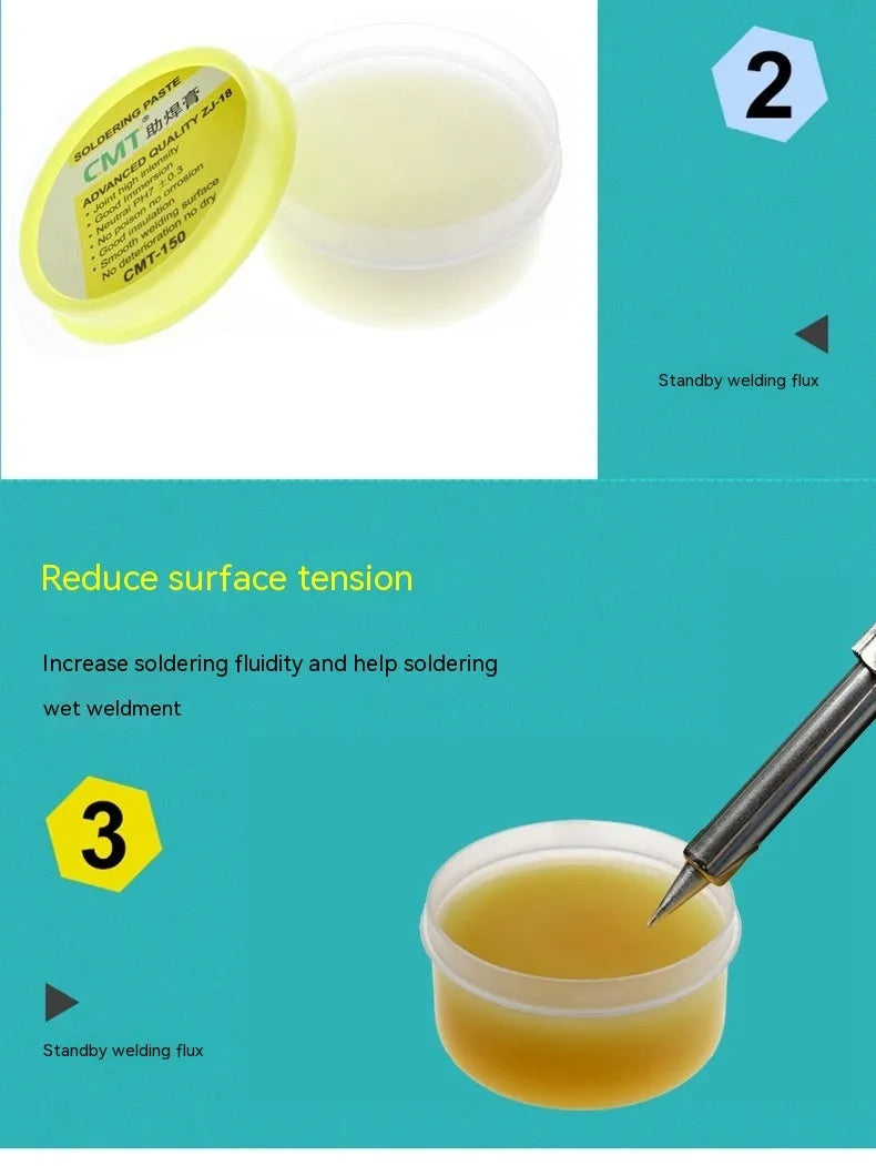 Container of rosin soldering flux paste for use with an electric soldering iron.