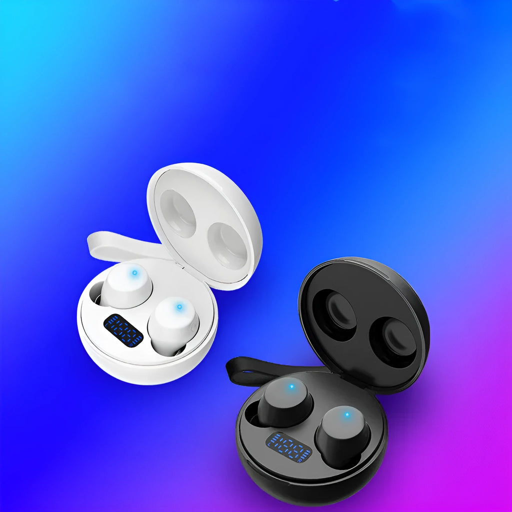 Black and white wireless magnetic sports in-ear headphones with a neckband and charging case.