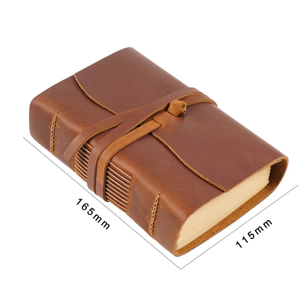 Real leather notebook in brown with 400 blank 120gsm kraft pages, 100 x 155mm, handmade binding
