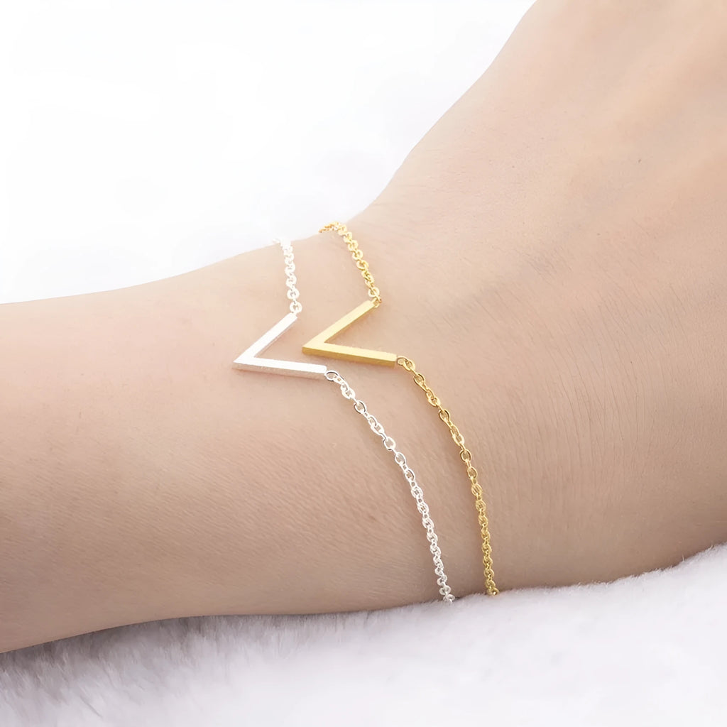 V-shaped stainless steel chain bracelet for women in gold or silver geometric design.