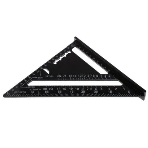 Black aluminium triangle ruler square showing 90-degree and 45-degree angles with measurement markings