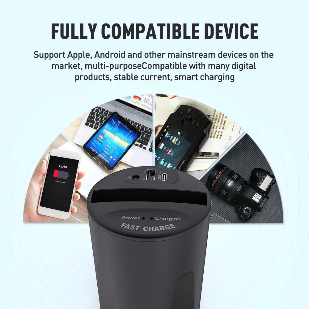 Black X9 car wireless charging cup and stand with Qi logo, showing USB and Type-C ports.