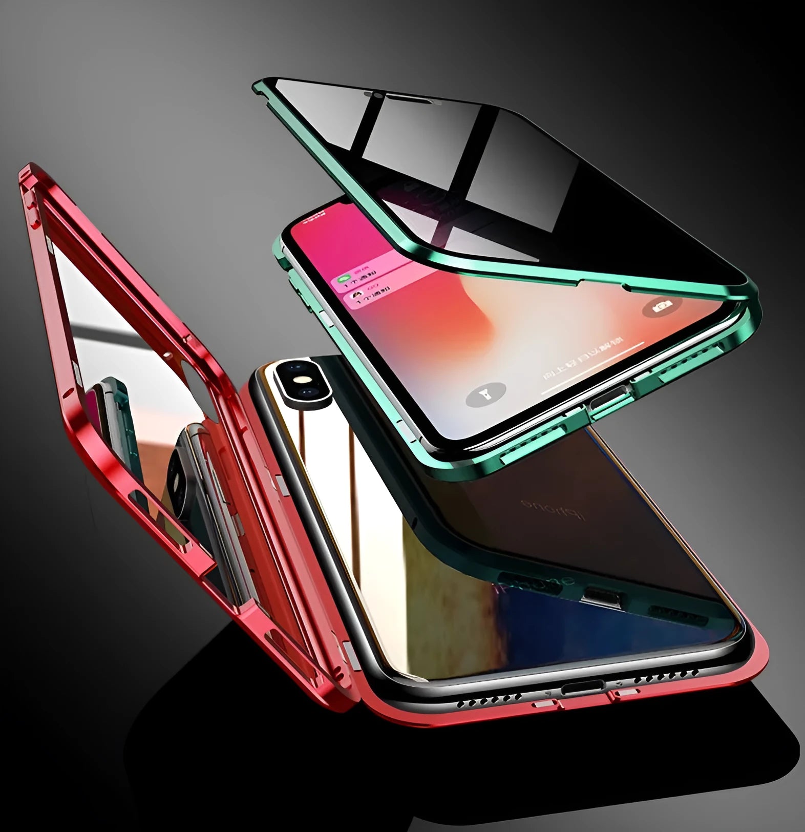 Black clamshell magnetic anti-peeping phone case for Samsung Galaxy phones, shown open and closed.