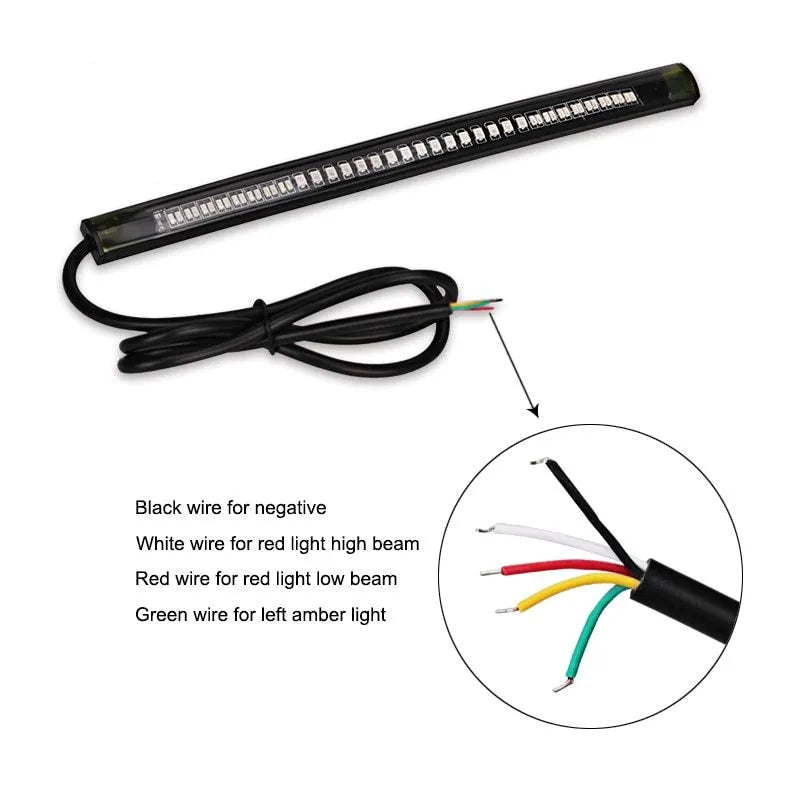 Universal flexible 48 SMD LED motorcycle tail stop light strip with brake and turn signal lights on black rubber