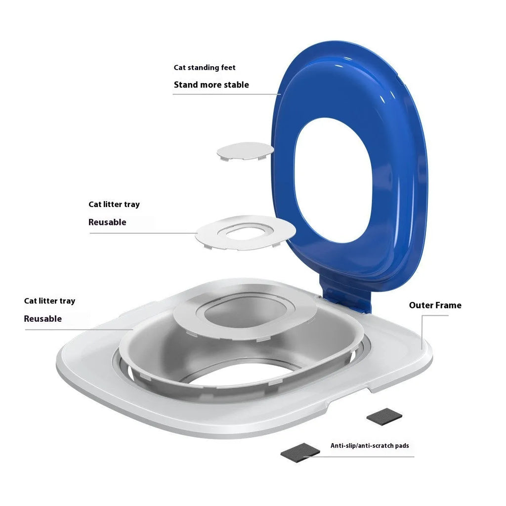 Fifth generation blue cat toilet trainer with new shape mat on a floor