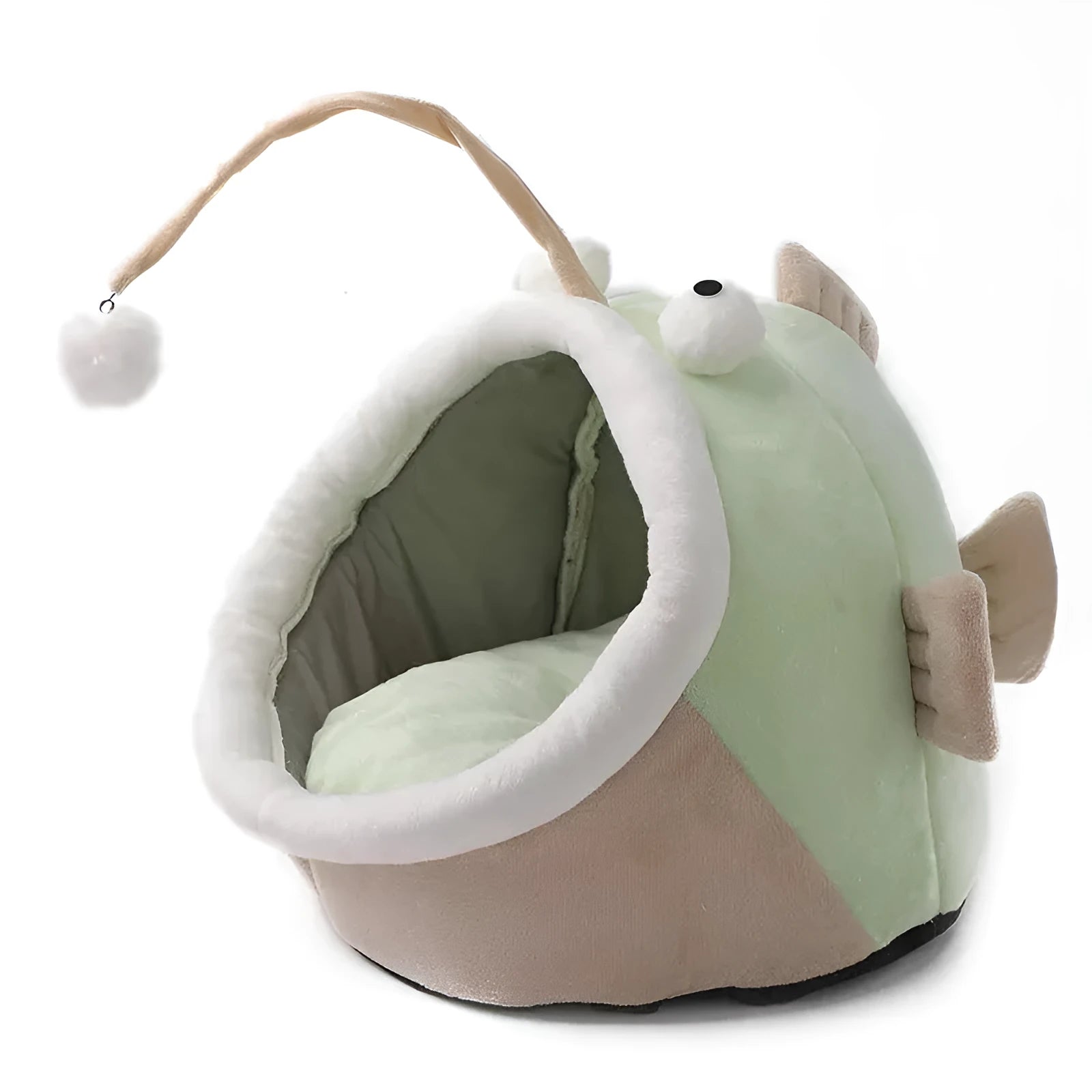 Grey semi-closed lantern fish shaped cat bed made of soft deerskin velvet, showing front opening.