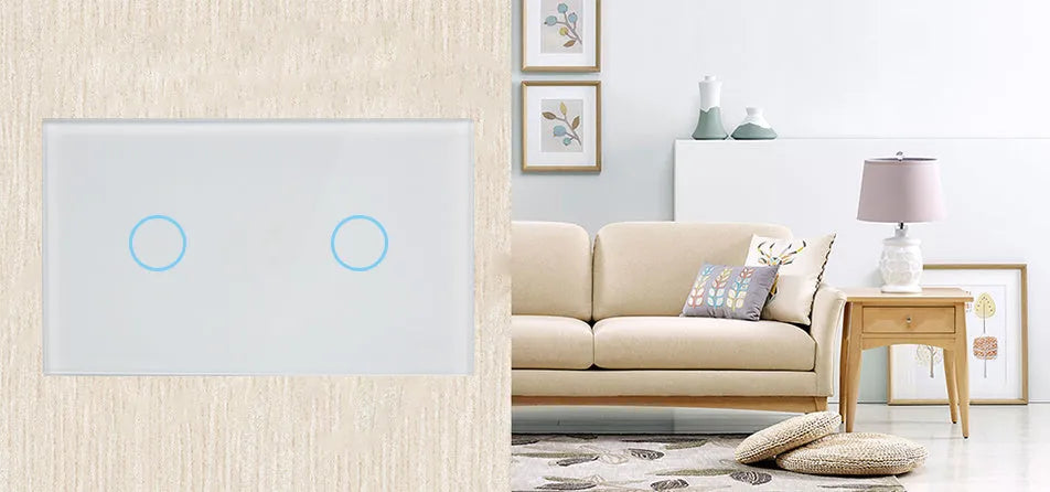 White 2-gang RF remote control touch light switch with tempered glass panel.