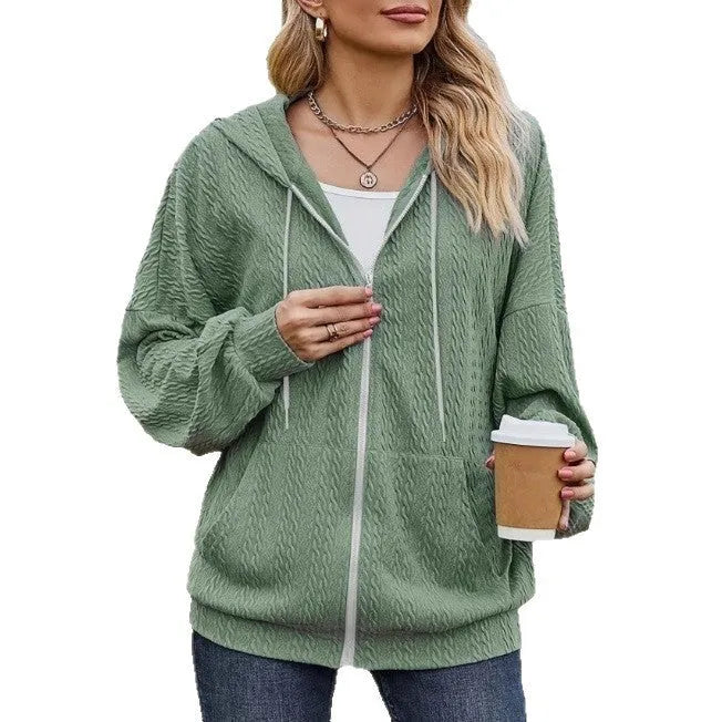 Green women’s hooded zipper sweater coat, loose fit, long sleeves, 50 cm length