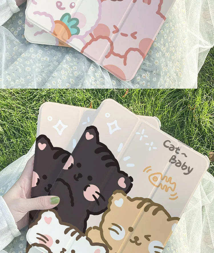 Silicone tri-fold protective case for iPad showing rabbit cartoon design and folded stand position.