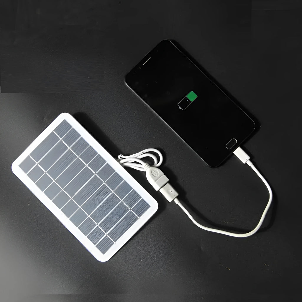 2W 5V solar panel charger with USB port and 50cm cable on white background