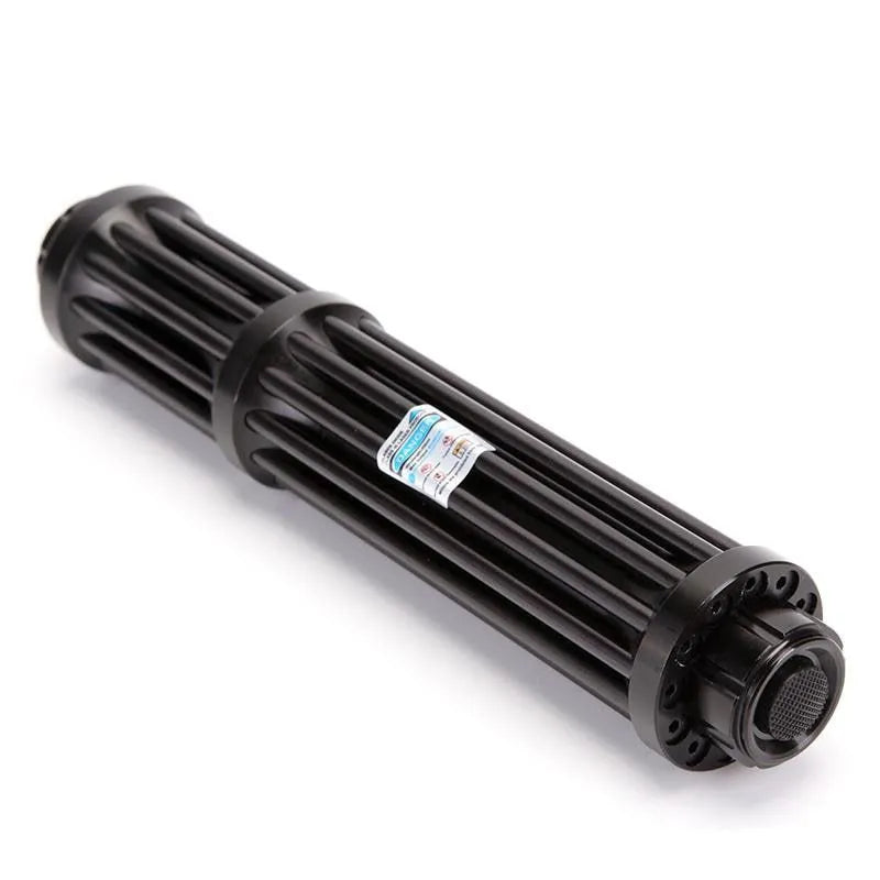 Black anodised aluminium laser flashlight with blue indicator and tail switch, shown next to an 18650 battery for scale.