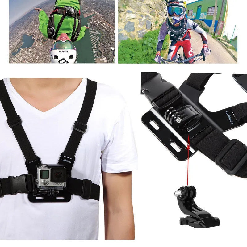 Black sports camera accessories set with mounts and straps for action cameras, multi-piece kit for outdoor filming.
