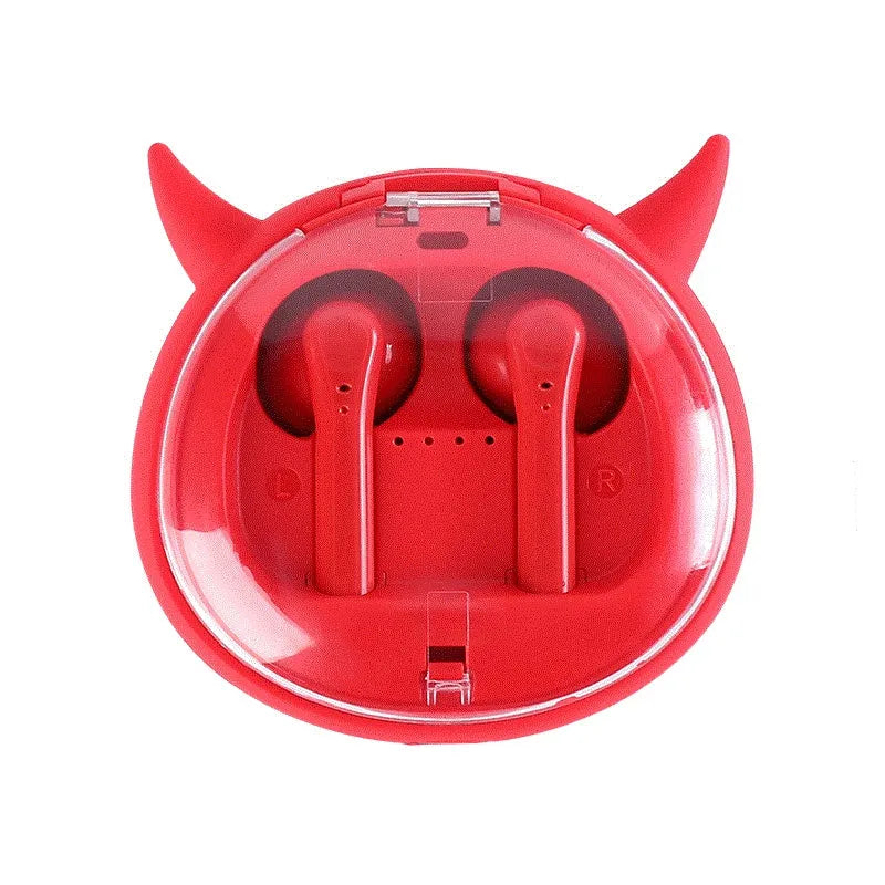 Macaron Red coloured TWS true wireless Bluetooth 5.0 in-ear headphones with charging case.