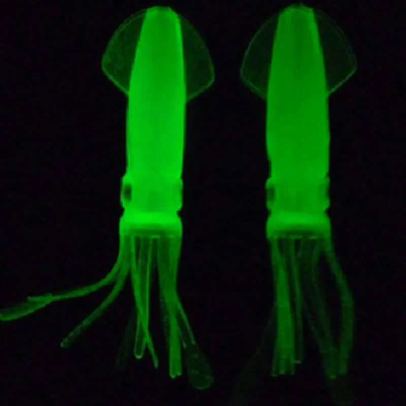 Pack of 10 luminous squid baits in light green, 105mm long, soft plastic bionic shape