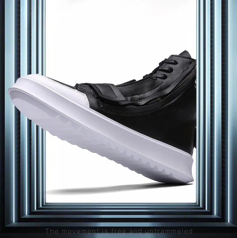 Men's black and white high-top sneaker-style ankle boots made from microfibre PU leather.