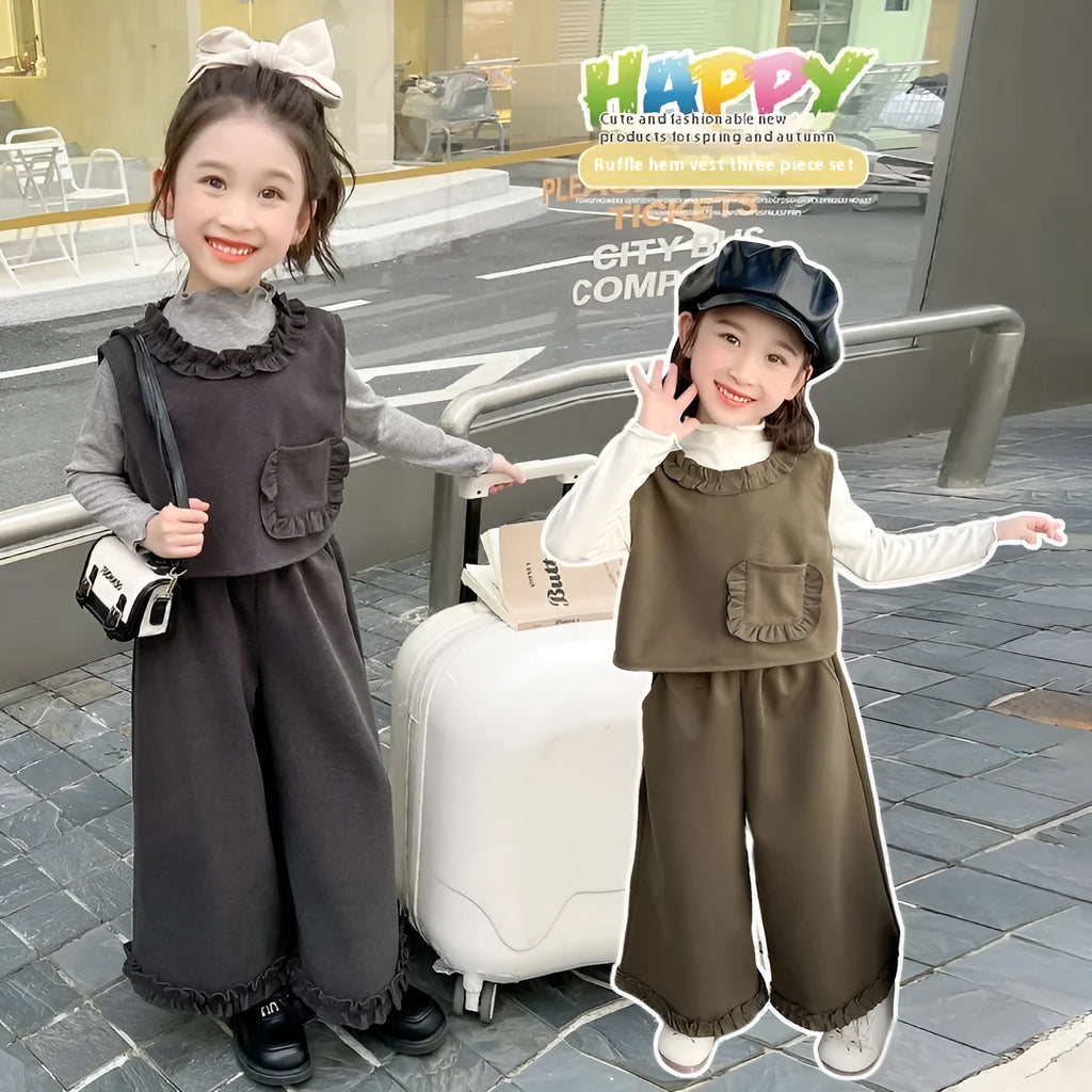 Girls three-piece outfit set in cotton with long sleeve shirt, vest, and trousers, sports style, gray or khaki, sizes 90cm to 140cm