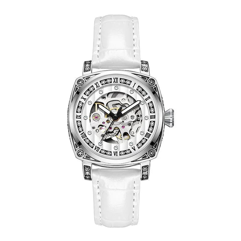 Men's black mechanical watch with luminous hands on a leather strap, showing water resistance.