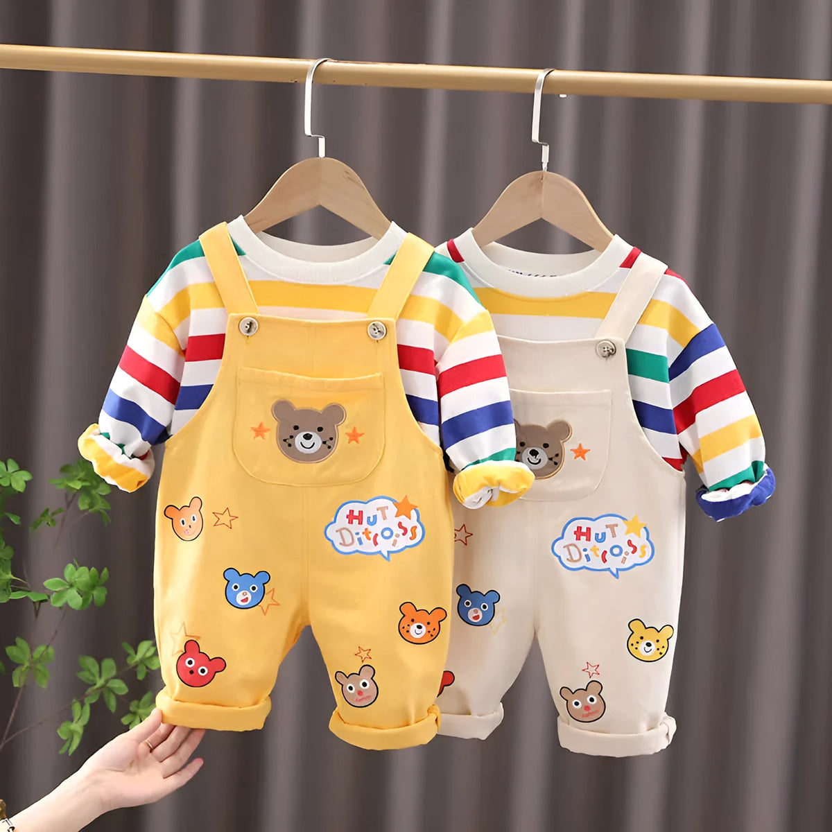 Boys' plaid top and strap trousers set in yellow or milky white, cotton outfit, sizes 80cm to 120cm