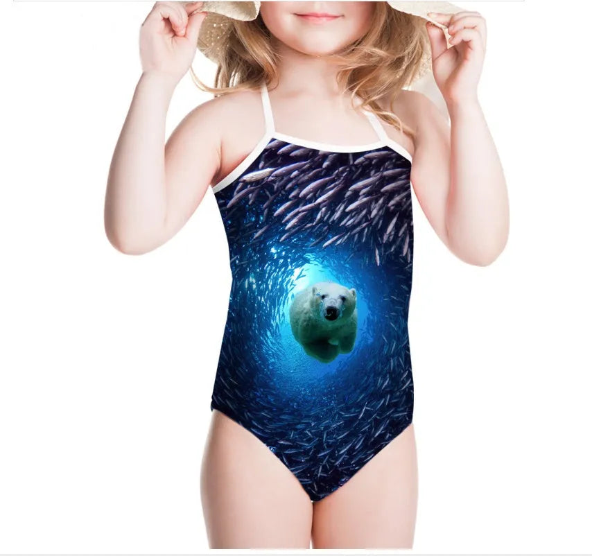 Custom print girls' one-piece swimsuit in polyester spandex cotton blend, lightweight 70g, ages 3 to 8