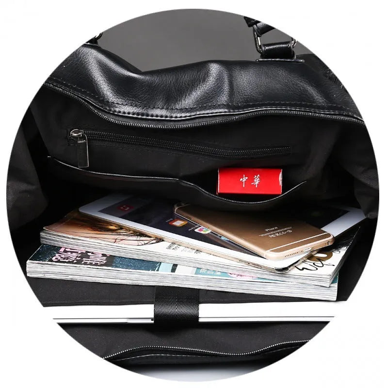 Large-capacity black PU leather handbag with shoulder strap and notebook compartment
