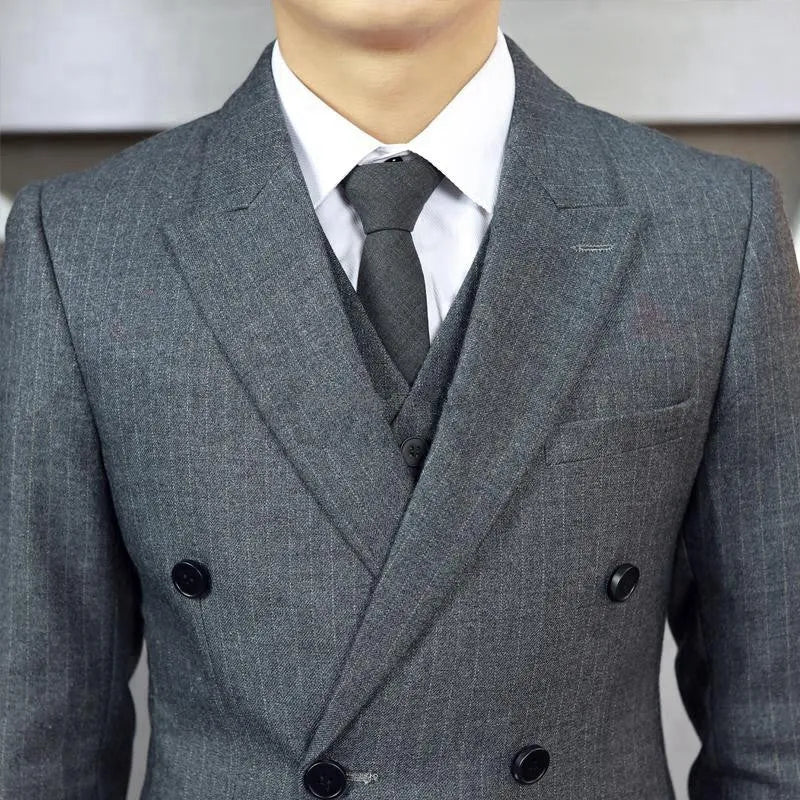 Three-piece men formal suit set jacket vest trousers slim fit black blue gray wedding business wear