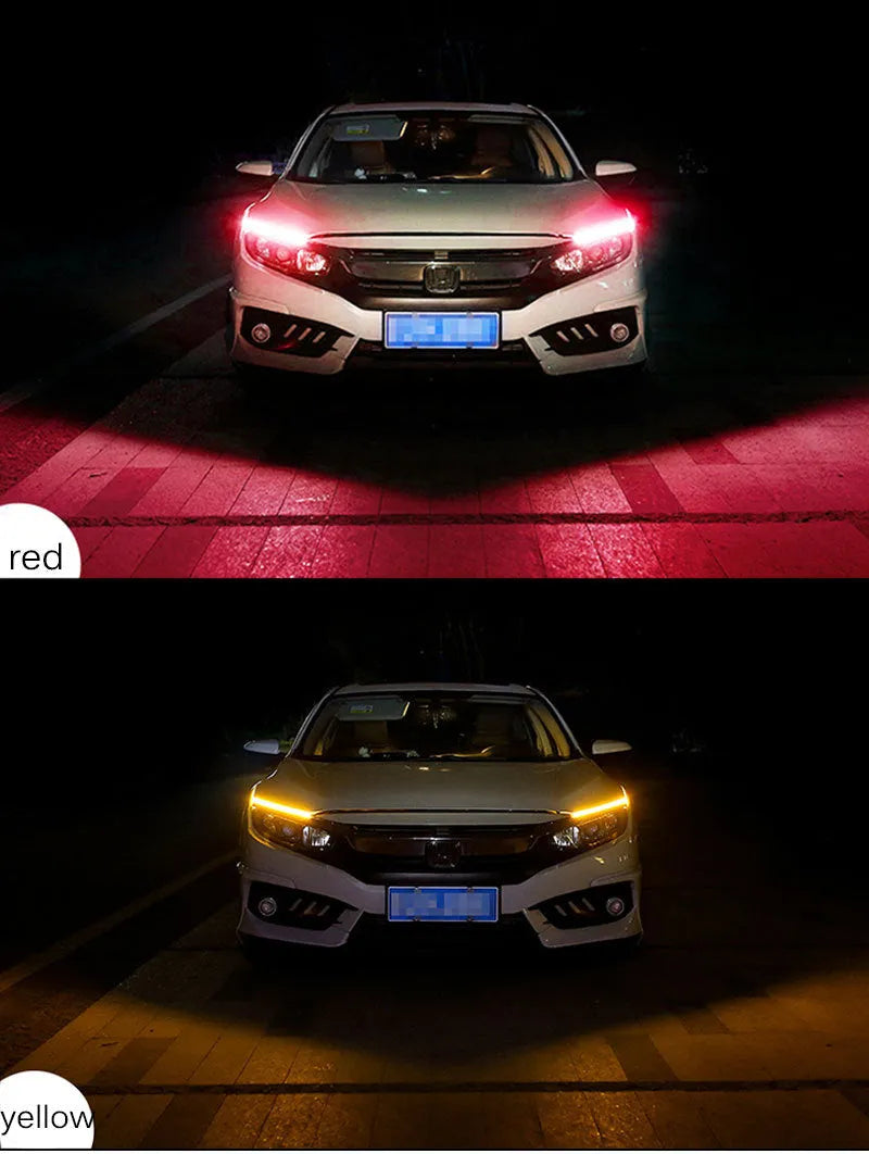 Flexible silicone car LED daytime running light strip with flowing turn signal function.
