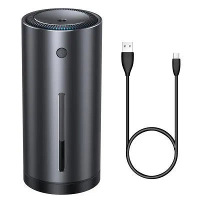 Black aluminium alloy car humidifier and air purifier with USB cable, shown in a vehicle cup holder.